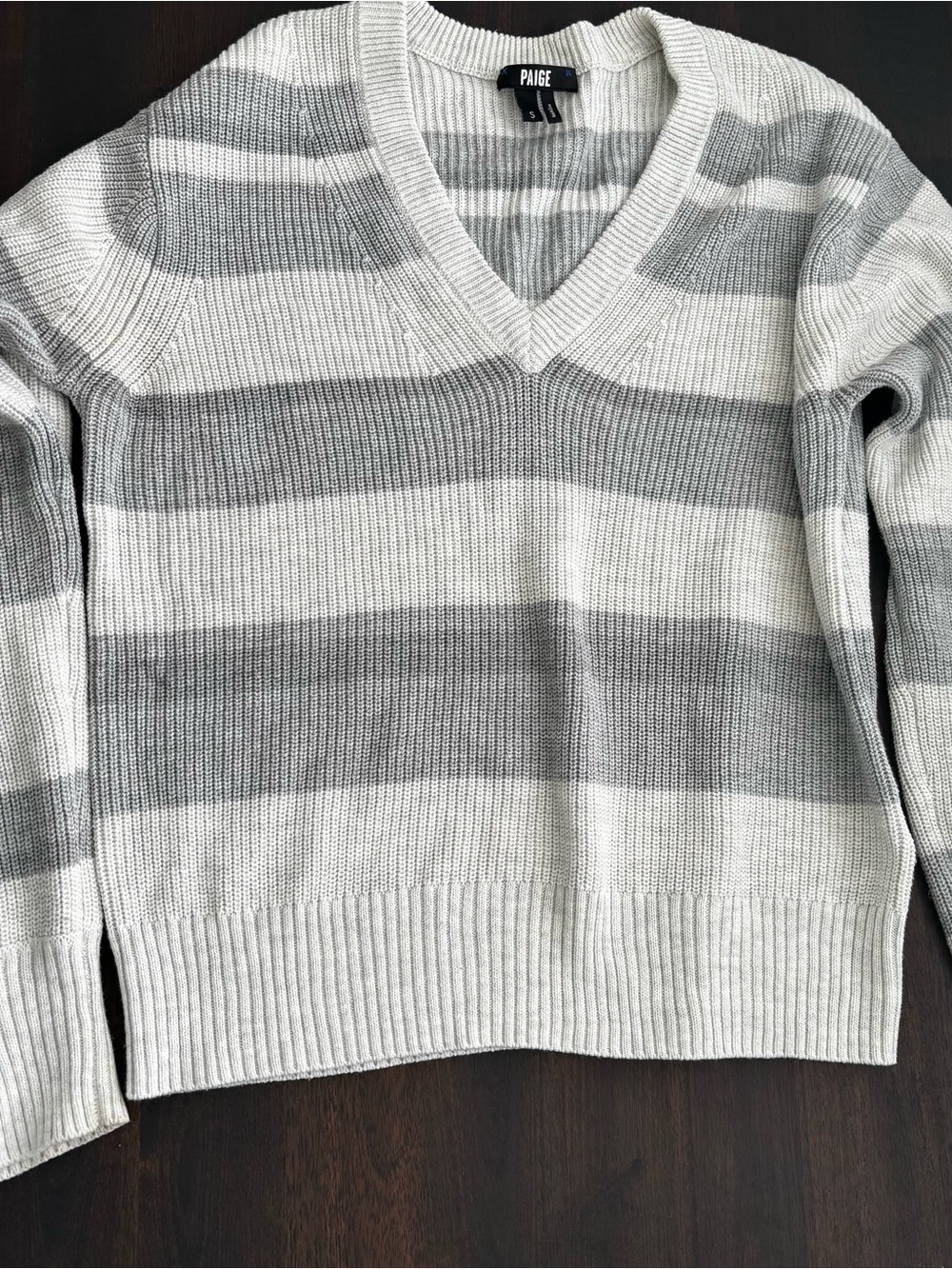 PAIGE Women's White and Gray Striped V-Neck Sweater